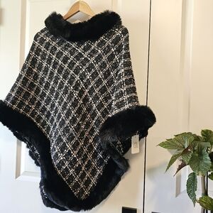 NWT Faux Fur Trim Plaid Sequin Poncho